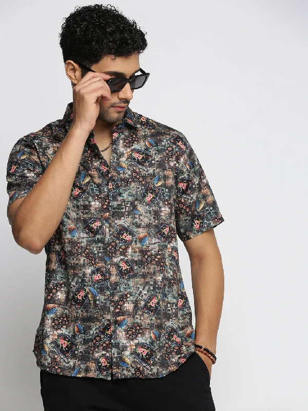 Men's Linen Blend Casual Shirts with Roll - Up Sleeves for a Summer Beach LookMen Black Spread Collar Floral Shirt Men's Linen Blend Casual Shirts with Roll - Up Sleeves for a Summer Beach LookMen Black Spread Collar Floral Shirt