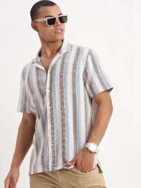 Men's Short - Sleeve Linen Casual Shirts in Light Khaki for a Breathable Summer OptionMen Cuban Collar Vertical Stripes White Shirt