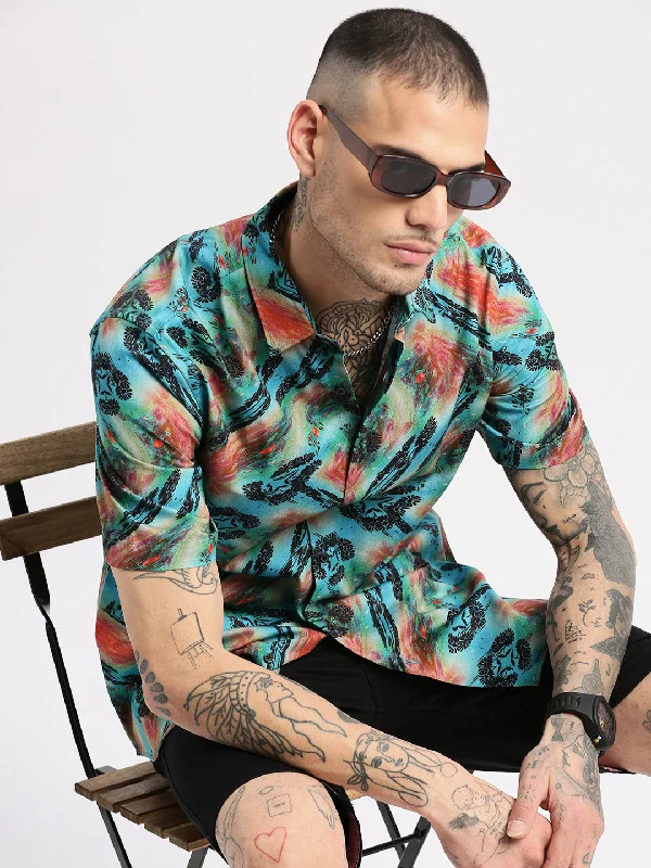 Men's Two - Tone Contrast Panel Casual Shirts in White and Navy for a Stylish and Eye - Catching DesignMen Spread Collar Floral Turquoise Blue Casual Shirt Men's Two - Tone Contrast Panel Casual Shirts in White and Navy for a Stylish and Eye - Catching DesignMen Spread Collar Floral Turquoise Blue Casual Shirt