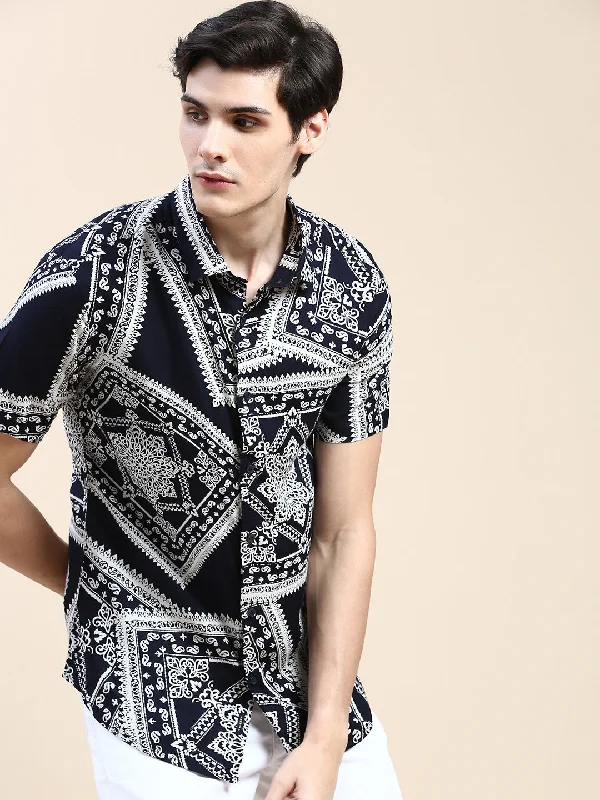 Men's Long - Line Oversized Casual Shirts in Dark Gray for a Relaxed and Modern LookMen Navy Printed Casual Shirt Men's Long - Line Oversized Casual Shirts in Dark Gray for a Relaxed and Modern LookMen Navy Printed Casual Shirt