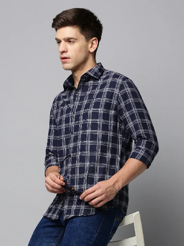 Men's Embroidered Detail Casual Shirts in Beige for a Touch of EleganceMen Navy Checked Casual Shirt Men's Embroidered Detail Casual Shirts in Beige for a Touch of EleganceMen Navy Checked Casual Shirt