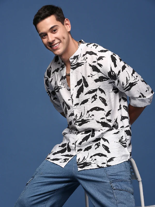 Men's Slim - Fit Printed Floral Casual Shirts in Pastel Colors for a Spring - Inspired VibeMen Mandarin Collar Abstract White Slim Fit Shirt Men's Slim - Fit Printed Floral Casual Shirts in Pastel Colors for a Spring - Inspired VibeMen Mandarin Collar Abstract White Slim Fit Shirt