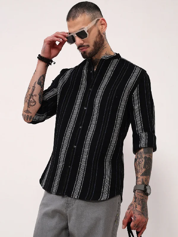 Men's Linen Blend Casual Shirts with Roll - Up Sleeves for a Summer Beach LookMen Black Striped Slim Fit Shirt Men's Linen Blend Casual Shirts with Roll - Up Sleeves for a Summer Beach LookMen Black Striped Slim Fit Shirt