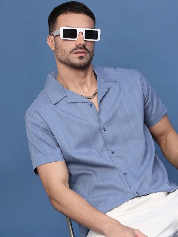 Men's Sustainable Recycled Material Casual Shirts for Eco - Conscious ConsumersMen Blue Solid Cuban Collar Shirt