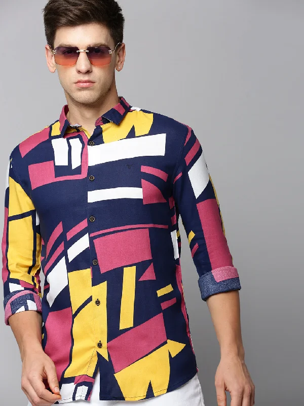 Men's Linen Blend Casual Shirts with Roll - Up Sleeves for a Summer Beach LookMen Multi Colourblock Casual Shirt