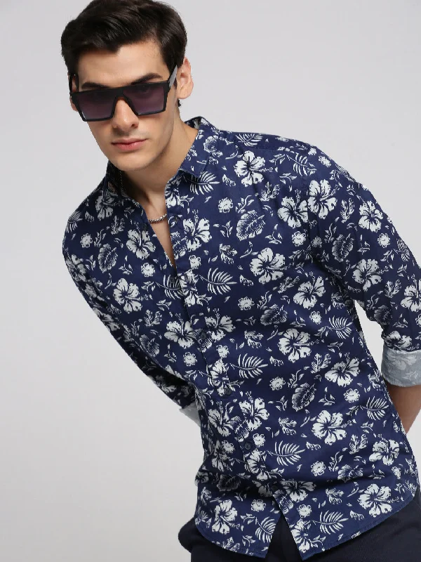 Men's Short - Sleeve Linen Casual Shirts in Light Khaki for a Breathable Summer OptionMen Navy Blue Spread Collar Floral Shirt Men's Short - Sleeve Linen Casual Shirts in Light Khaki for a Breathable Summer OptionMen Navy Blue Spread Collar Floral Shirt