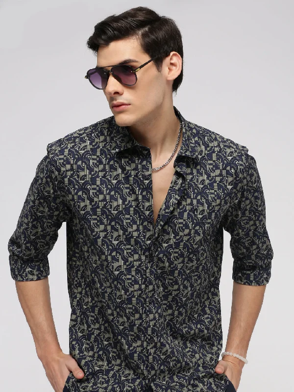 Men's Short - Sleeve Linen Casual Shirts in Light Khaki for a Breathable Summer OptionMen Navy Blue Spread Collar Geometric Shirt Men's Short - Sleeve Linen Casual Shirts in Light Khaki for a Breathable Summer OptionMen Navy Blue Spread Collar Geometric Shirt