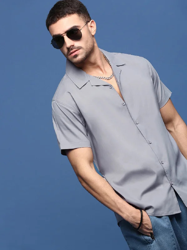 Men's Thermal - Lined Casual Shirts in Black for Added Warmth in Cold WeatherMen Grey Solid Cuban Collar Shirt Men's Thermal - Lined Casual Shirts in Black for Added Warmth in Cold WeatherMen Grey Solid Cuban Collar Shirt