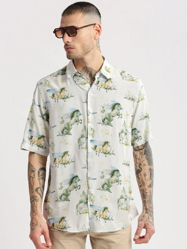 Men's Button - Down Oxford Casual Shirts in Crisp White for a Classic and Versatile StyleMen Spread Collar Animal Off White Casual Shirt