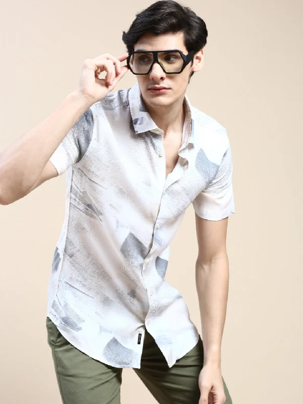 Men's Button - Down Oxford Casual Shirts in Crisp White for a Classic and Versatile StyleMen Cream Graphics Casual Shirt Men's Button - Down Oxford Casual Shirts in Crisp White for a Classic and Versatile StyleMen Cream Graphics Casual Shirt