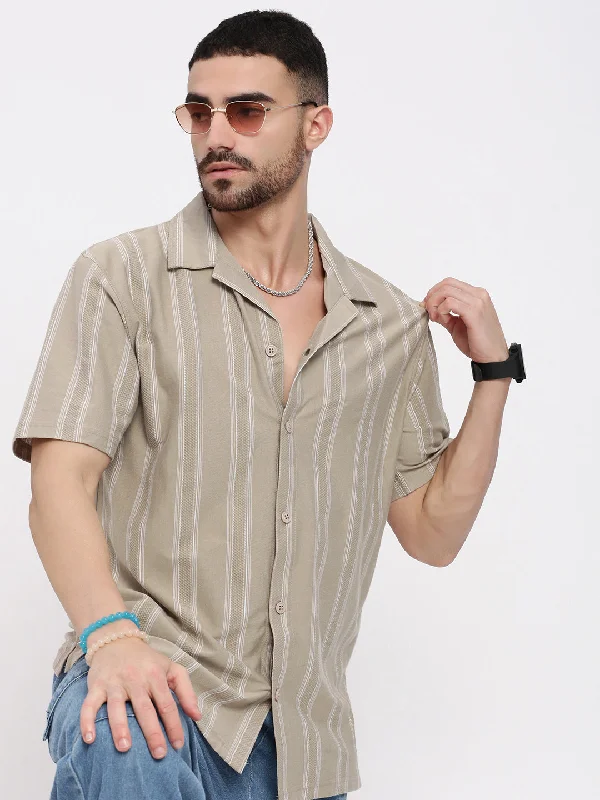 Men's Slim - Fit Printed Floral Casual Shirts in Pastel Colors for a Spring - Inspired VibeMen Beige Cuban Collar Striped Shirt Men's Slim - Fit Printed Floral Casual Shirts in Pastel Colors for a Spring - Inspired VibeMen Beige Cuban Collar Striped Shirt