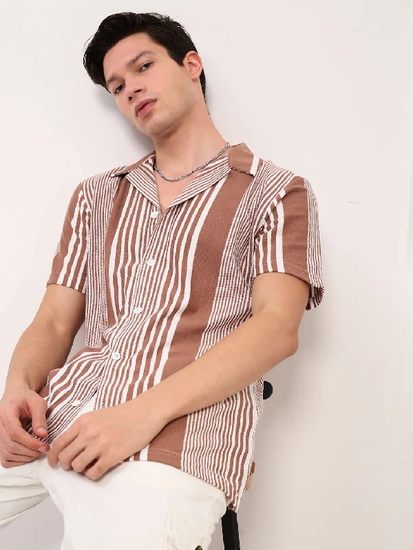 Men's Linen Blend Casual Shirts with Roll - Up Sleeves for a Summer Beach LookMen Brown Striped Cuban Collar Shirt Men's Linen Blend Casual Shirts with Roll - Up Sleeves for a Summer Beach LookMen Brown Striped Cuban Collar Shirt