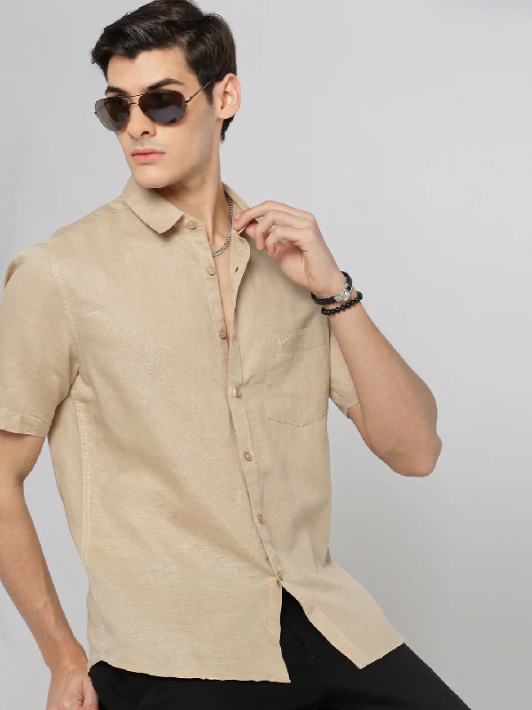 Men's Organic Cotton Casual Shirts with a Soft Handfeel for Everyday ComfortMen Beige Spread Collar Solid Shirt Men's Organic Cotton Casual Shirts with a Soft Handfeel for Everyday ComfortMen Beige Spread Collar Solid Shirt
