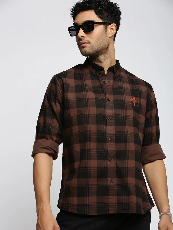 Men's Thermal - Lined Casual Shirts in Black for Added Warmth in Cold WeatherMen Brown Spread Collar Tartan Checks Shirt Men's Thermal - Lined Casual Shirts in Black for Added Warmth in Cold WeatherMen Brown Spread Collar Tartan Checks Shirt