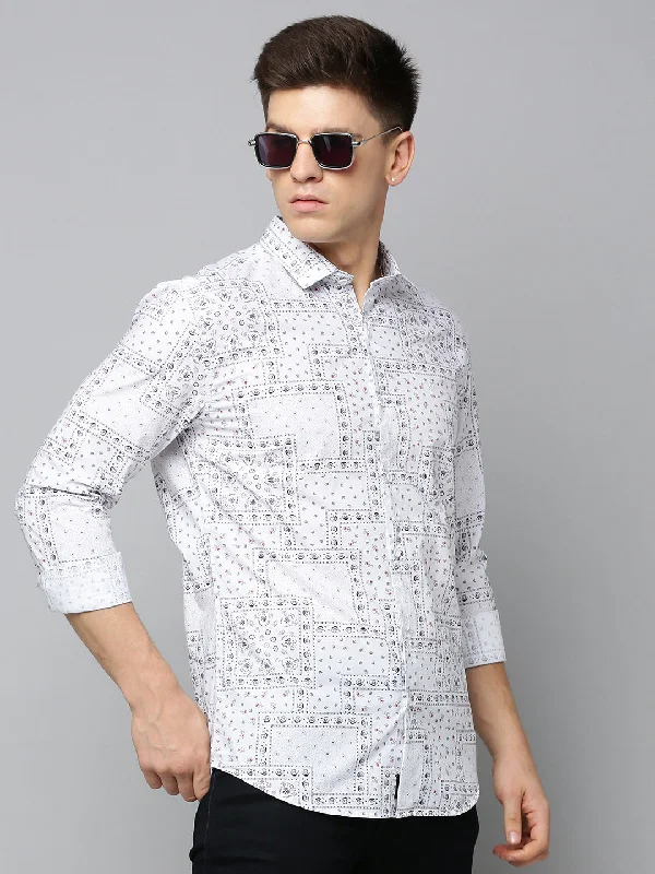 Plus Size Men's Striped Chambray Casual Shirts with a Spread Collar for a Preppy AppearanceMen White Printed Casual Shirt Plus Size Men's Striped Chambray Casual Shirts with a Spread Collar for a Preppy AppearanceMen White Printed Casual Shirt