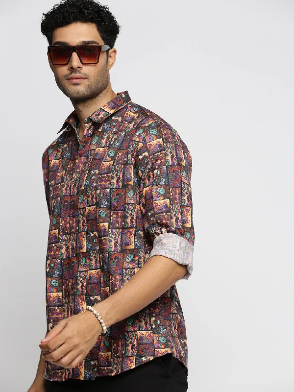 Men's Wrinkle - Resistant Polyester Blend Casual Shirts for Easy Travel and MaintenanceMen Brown Spread Collar Ethnic Motifs Shirt Men's Wrinkle - Resistant Polyester Blend Casual Shirts for Easy Travel and MaintenanceMen Brown Spread Collar Ethnic Motifs Shirt