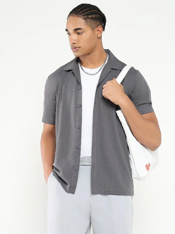 Men's Stretch - Fabric Casual Shirts in Navy Blue for a Comfortable and Flexible FitMen Grey Cuban Collar Solid Shirt Men's Stretch - Fabric Casual Shirts in Navy Blue for a Comfortable and Flexible FitMen Grey Cuban Collar Solid Shirt