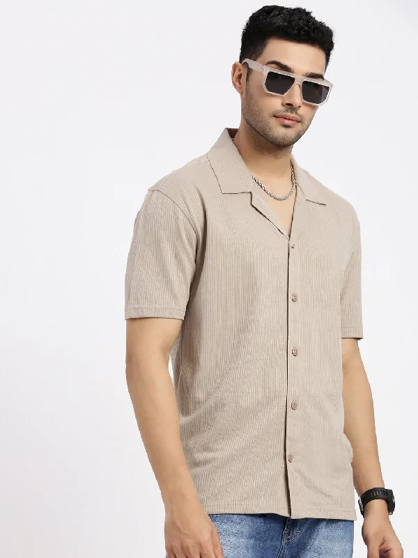 Plus Size Men's Striped Chambray Casual Shirts with a Spread Collar for a Preppy AppearanceMen Beige Cuban Collar Solid Shirt Plus Size Men's Striped Chambray Casual Shirts with a Spread Collar for a Preppy AppearanceMen Beige Cuban Collar Solid Shirt