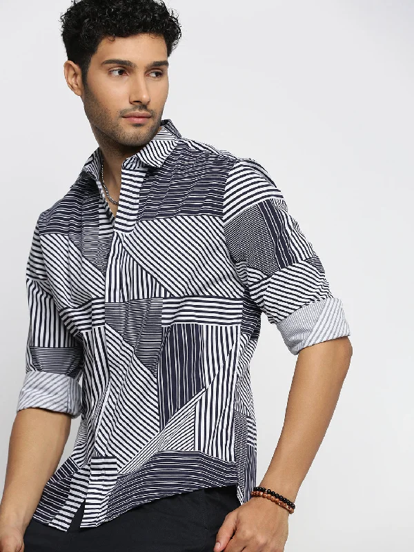Men's Thermal - Lined Casual Shirts in Black for Added Warmth in Cold WeatherMen Blue Spread Collar Multi Stripes Shirt Men's Thermal - Lined Casual Shirts in Black for Added Warmth in Cold WeatherMen Blue Spread Collar Multi Stripes Shirt
