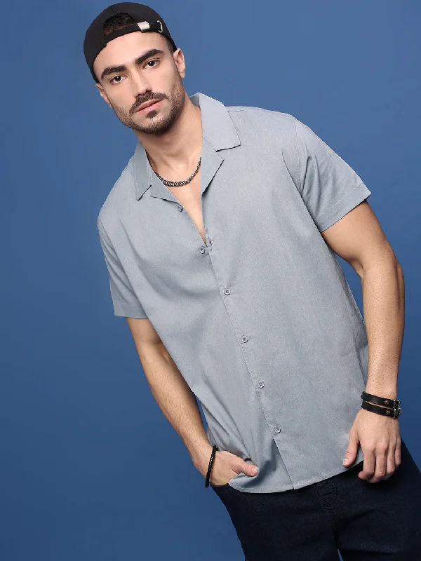 Men's Organic Cotton Casual Shirts with a Soft Handfeel for Everyday ComfortMen Grey Solid Cuban Collar Shirt Men's Organic Cotton Casual Shirts with a Soft Handfeel for Everyday ComfortMen Grey Solid Cuban Collar Shirt