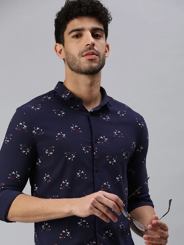 Men's Linen Blend Casual Shirts with Roll - Up Sleeves for a Summer Beach LookMen Navy Blue Printed Casual Shirt Men's Linen Blend Casual Shirts with Roll - Up Sleeves for a Summer Beach LookMen Navy Blue Printed Casual Shirt