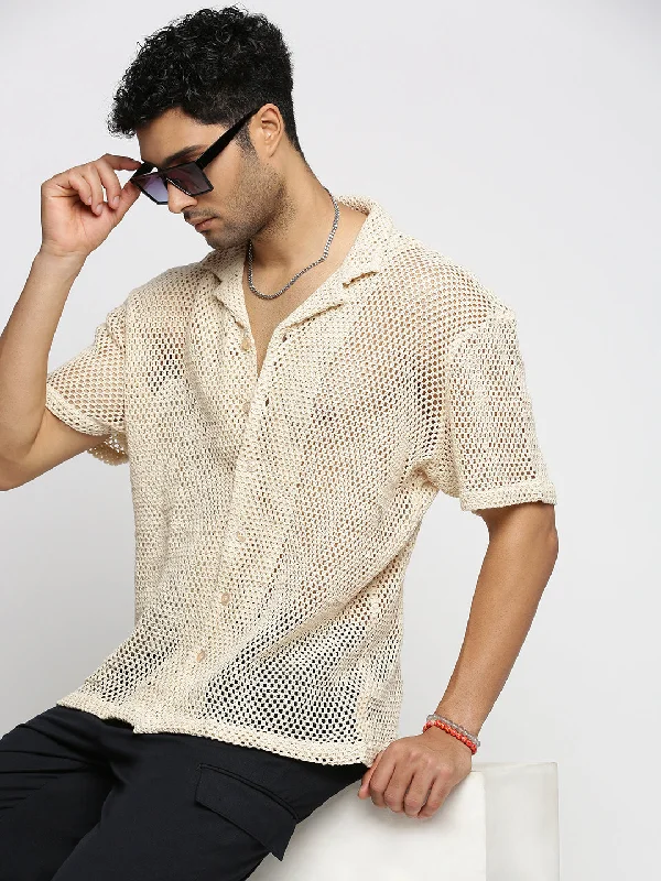Men's Short - Sleeve Linen Casual Shirts in Light Khaki for a Breathable Summer OptionMen Cream Cuban Collar Solid Crochet Shirt Men's Short - Sleeve Linen Casual Shirts in Light Khaki for a Breathable Summer OptionMen Cream Cuban Collar Solid Crochet Shirt
