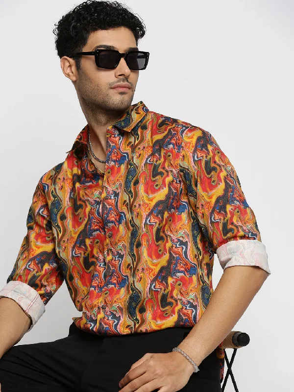 Men's Linen Blend Casual Shirts with Roll - Up Sleeves for a Summer Beach LookMen Orange Spread Collar Abstract Shirt Men's Linen Blend Casual Shirts with Roll - Up Sleeves for a Summer Beach LookMen Orange Spread Collar Abstract Shirt