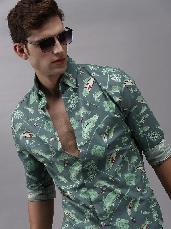 Men's Distressed Denim Casual Shirts with Frayed Edges for a Trendy and Rugged LookMen Green Printed Casual Shirt Men's Distressed Denim Casual Shirts with Frayed Edges for a Trendy and Rugged LookMen Green Printed Casual Shirt