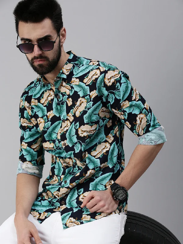 Men's Linen Blend Casual Shirts with Roll - Up Sleeves for a Summer Beach LookMen Spread Collar Printed Navy Blue Shirt Men's Linen Blend Casual Shirts with Roll - Up Sleeves for a Summer Beach LookMen Spread Collar Printed Navy Blue Shirt