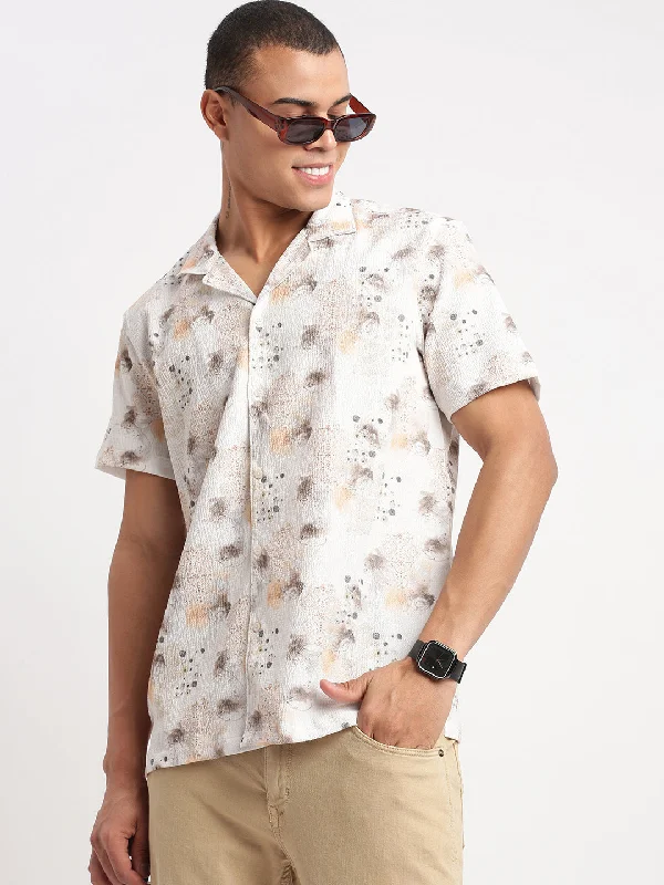 Men's Sustainable Recycled Material Casual Shirts for Eco - Conscious ConsumersMen Cuban Collar Abstract Off White Shirt Men's Sustainable Recycled Material Casual Shirts for Eco - Conscious ConsumersMen Cuban Collar Abstract Off White Shirt