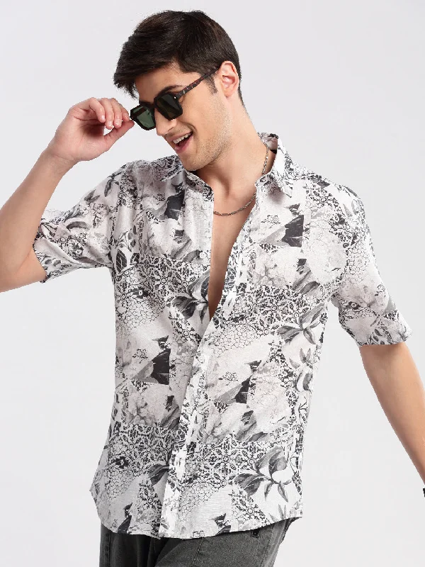 Men's Organic Cotton Casual Shirts with a Soft Handfeel for Everyday ComfortMen Spread Collar Floral White Casual Shirt Men's Organic Cotton Casual Shirts with a Soft Handfeel for Everyday ComfortMen Spread Collar Floral White Casual Shirt
