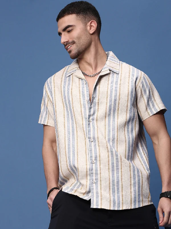 Plus Size Men's Striped Chambray Casual Shirts with a Spread Collar for a Preppy AppearanceMen Beige Cuban Collar Striped Shirt Plus Size Men's Striped Chambray Casual Shirts with a Spread Collar for a Preppy AppearanceMen Beige Cuban Collar Striped Shirt