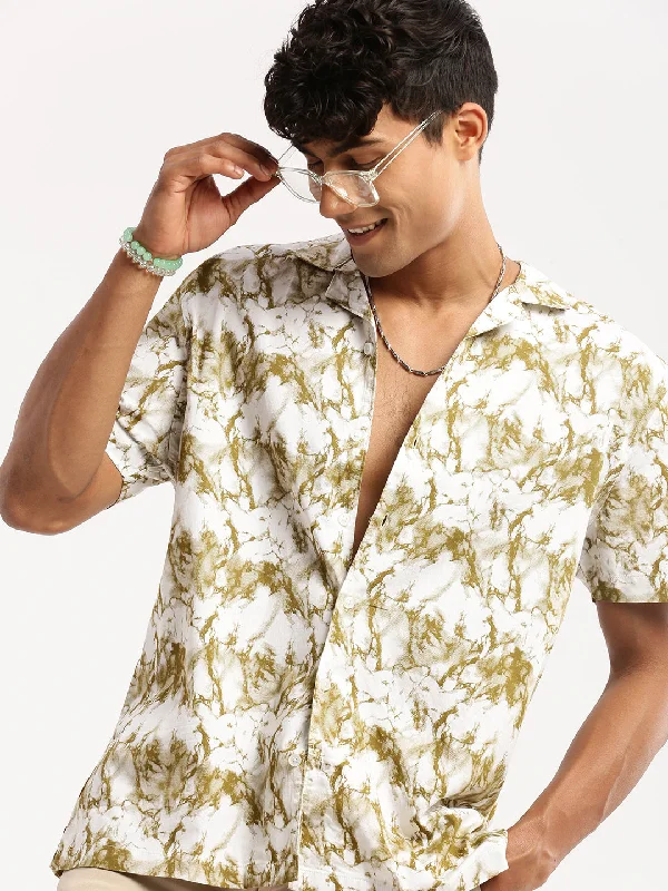Men's Embroidered Detail Casual Shirts in Beige for a Touch of EleganceMen White Cuban Collar Abstract Shirt Men's Embroidered Detail Casual Shirts in Beige for a Touch of EleganceMen White Cuban Collar Abstract Shirt