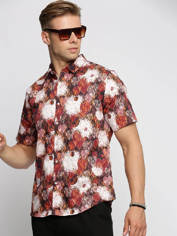 Men's Button - Down Oxford Casual Shirts in Crisp White for a Classic and Versatile StyleMen Brown Spread Collar Abstract Shirt