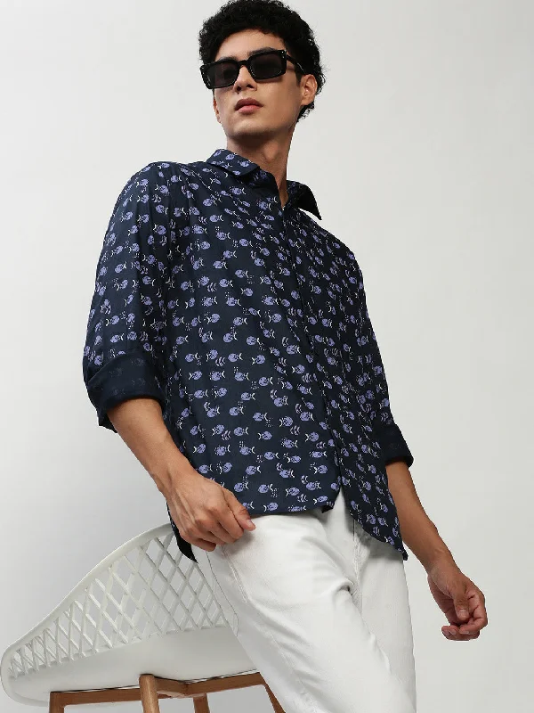 Men's Retro - Style Hawaiian Print Casual Shirts in Bold Patterns for a Tropical VacationMen Navy Printed Casual Casual Shirts Men's Retro - Style Hawaiian Print Casual Shirts in Bold Patterns for a Tropical VacationMen Navy Printed Casual Casual Shirts