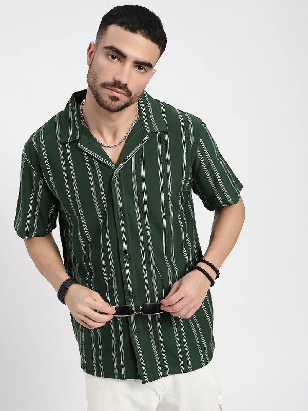 Men's Button - Down Oxford Casual Shirts in Crisp White for a Classic and Versatile StyleMen Green Cuban Collar Striped Shirt Men's Button - Down Oxford Casual Shirts in Crisp White for a Classic and Versatile StyleMen Green Cuban Collar Striped Shirt