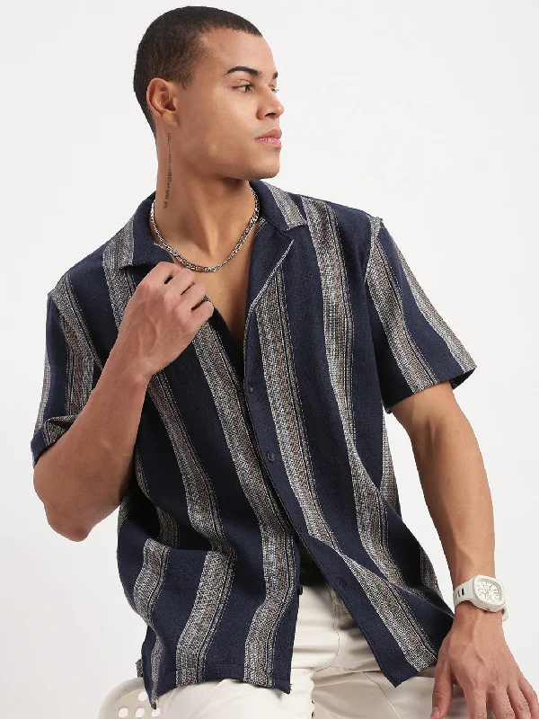 Men's Distressed Denim Casual Shirts with Frayed Edges for a Trendy and Rugged LookMen Cuban Collar Vertical Stripes Navy Blue Shirt Men's Distressed Denim Casual Shirts with Frayed Edges for a Trendy and Rugged LookMen Cuban Collar Vertical Stripes Navy Blue Shirt