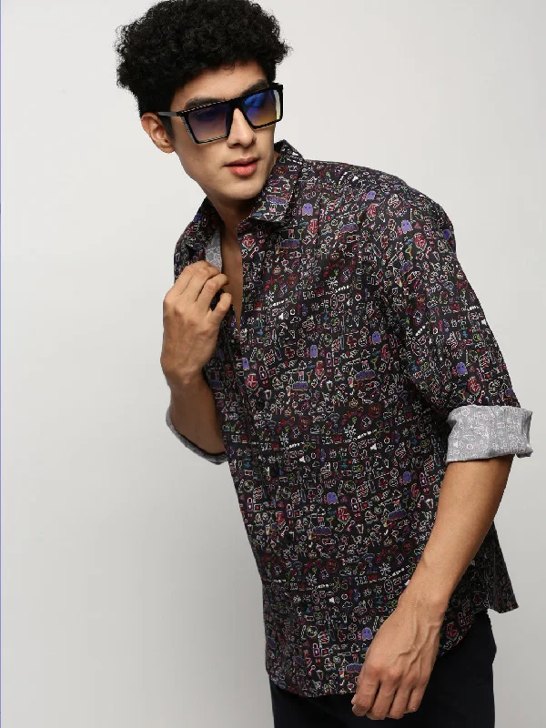 Men's Linen Blend Casual Shirts with Roll - Up Sleeves for a Summer Beach LookMen Black Printed Shirt Men's Linen Blend Casual Shirts with Roll - Up Sleeves for a Summer Beach LookMen Black Printed Shirt