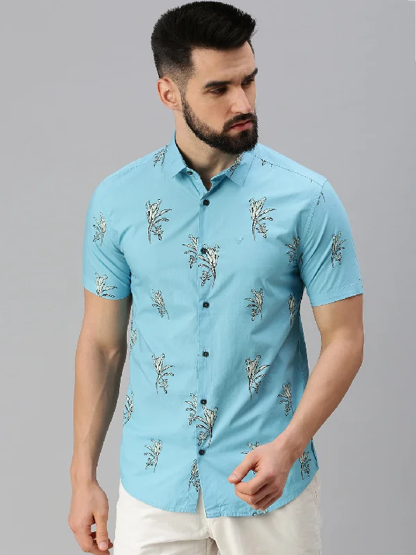 Plus Size Men's Striped Chambray Casual Shirts with a Spread Collar for a Preppy AppearanceMen Blue Printed Casual Shirt Plus Size Men's Striped Chambray Casual Shirts with a Spread Collar for a Preppy AppearanceMen Blue Printed Casual Shirt