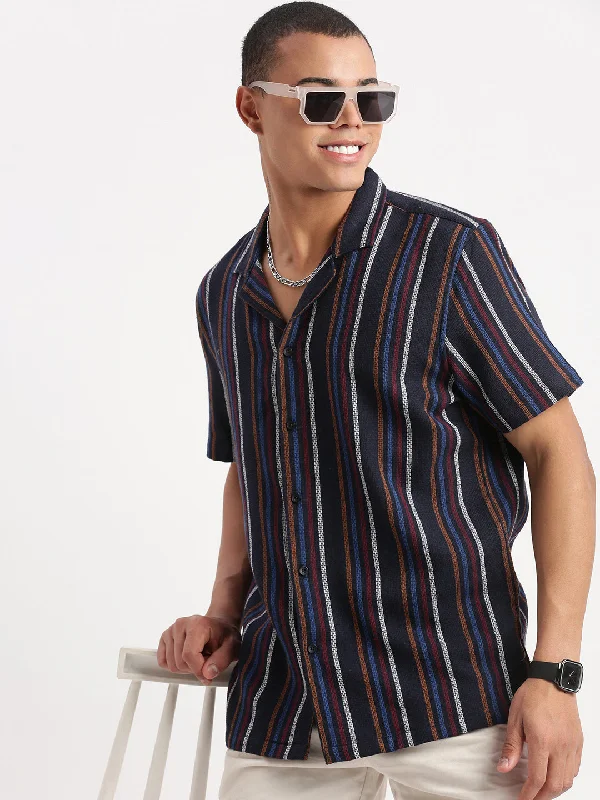 Men's Embroidered Detail Casual Shirts in Beige for a Touch of EleganceMen Cuban Collar Vertical Stripes Navy Blue Shirt Men's Embroidered Detail Casual Shirts in Beige for a Touch of EleganceMen Cuban Collar Vertical Stripes Navy Blue Shirt