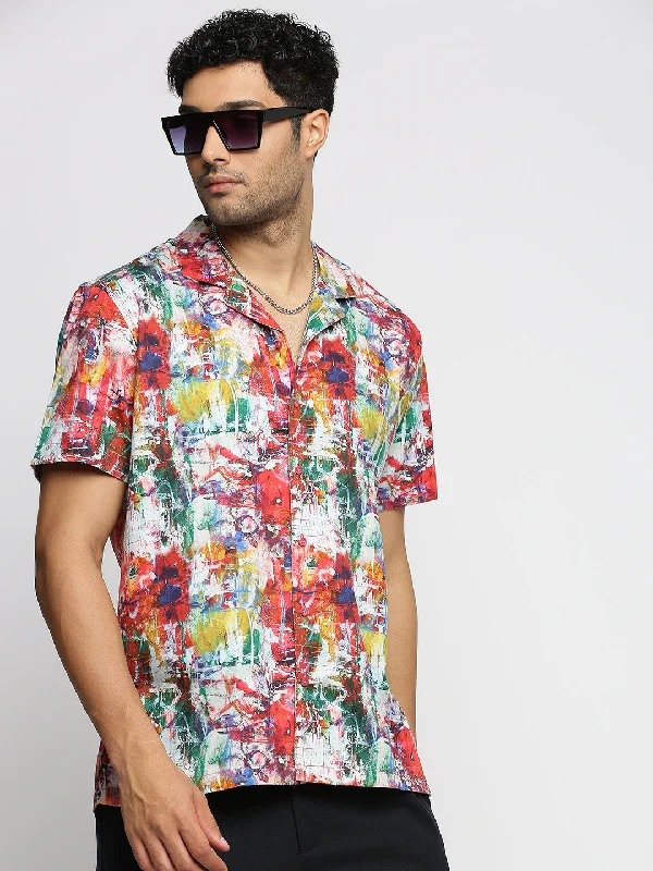 Men's Shearling - Lined Collar Casual Shirts in Brown for a Rustic and Warm AppealMen Coral Cuban Collar Abstract Shirt