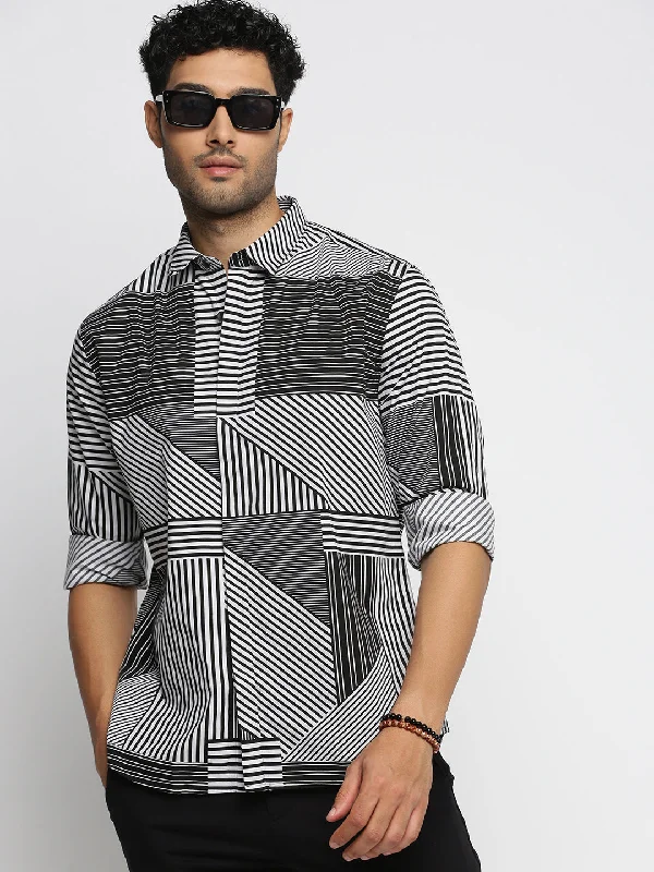 Men's Wrinkle - Resistant Polyester Blend Casual Shirts for Easy Travel and MaintenanceMen Black Spread Collar Multi Stripes Shirt Men's Wrinkle - Resistant Polyester Blend Casual Shirts for Easy Travel and MaintenanceMen Black Spread Collar Multi Stripes Shirt