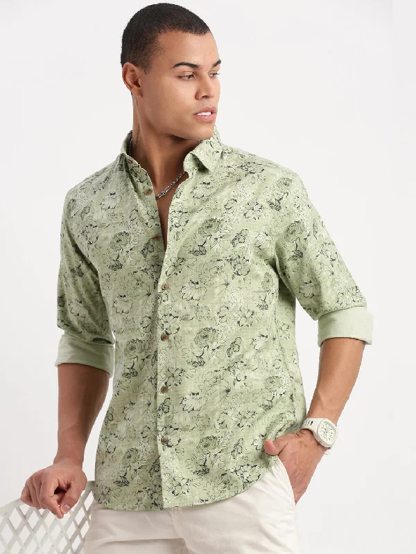 Men's Embroidered Detail Casual Shirts in Beige for a Touch of EleganceMen Floral Green Shirt Men's Embroidered Detail Casual Shirts in Beige for a Touch of EleganceMen Floral Green Shirt