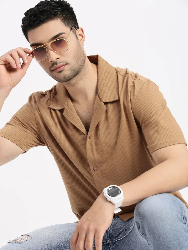 Men's Moisture - Wicking Performance Fabric Casual Shirts for Outdoor ActivitiesMen Brown Cuban Collar Solid Shirt Men's Moisture - Wicking Performance Fabric Casual Shirts for Outdoor ActivitiesMen Brown Cuban Collar Solid Shirt