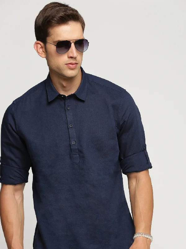 Men's Linen Blend Casual Shirts with Roll - Up Sleeves for a Summer Beach LookMen Navy Blue Solid Shirt Collar Casual Short Shirt Men's Linen Blend Casual Shirts with Roll - Up Sleeves for a Summer Beach LookMen Navy Blue Solid Shirt Collar Casual Short Shirt