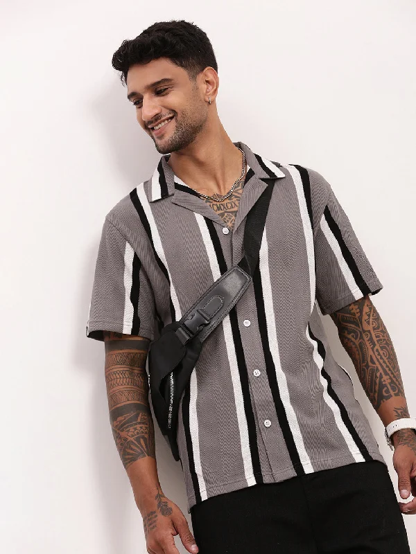 Men's Slim - Fit Printed Floral Casual Shirts in Pastel Colors for a Spring - Inspired VibeMen Grey Striped Cuban Collar Shirt Men's Slim - Fit Printed Floral Casual Shirts in Pastel Colors for a Spring - Inspired VibeMen Grey Striped Cuban Collar Shirt