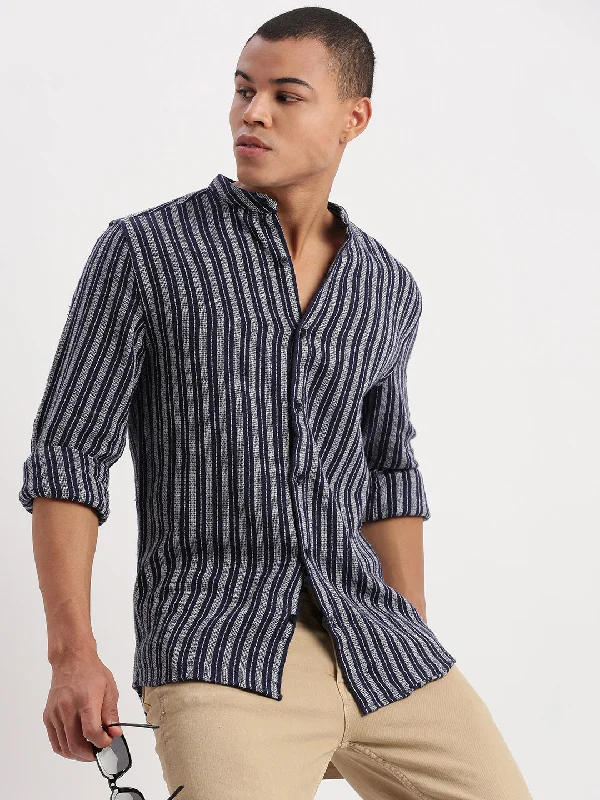 Men's Organic Cotton Casual Shirts with a Soft Handfeel for Everyday ComfortMen Mandarin Collar Vertical Stripes Navy Blue Shirt Men's Organic Cotton Casual Shirts with a Soft Handfeel for Everyday ComfortMen Mandarin Collar Vertical Stripes Navy Blue Shirt