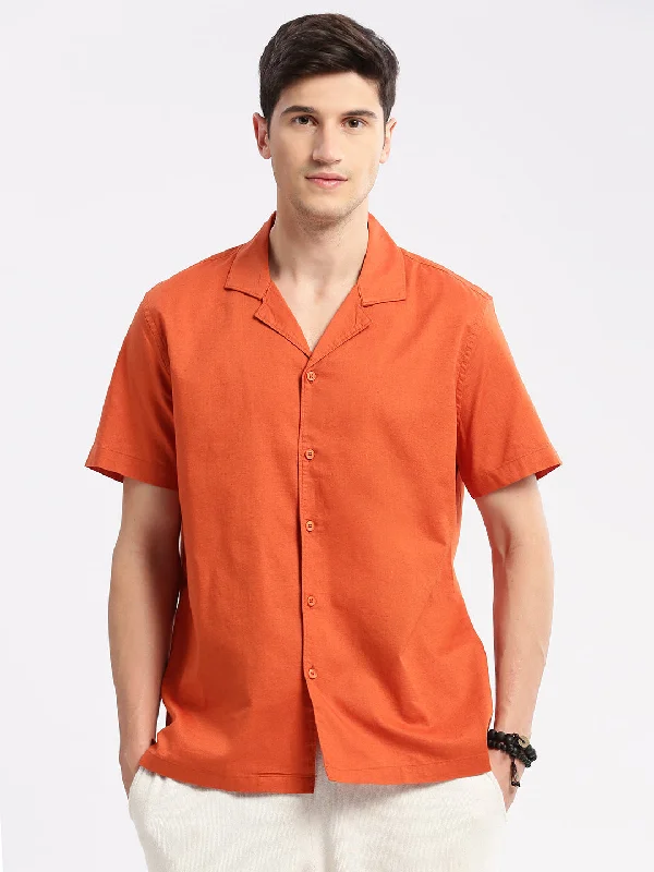 Men's Organic Cotton Casual Shirts with a Soft Handfeel for Everyday ComfortMen Cuban Collar Solid Orange Casual Shirt Men's Organic Cotton Casual Shirts with a Soft Handfeel for Everyday ComfortMen Cuban Collar Solid Orange Casual Shirt