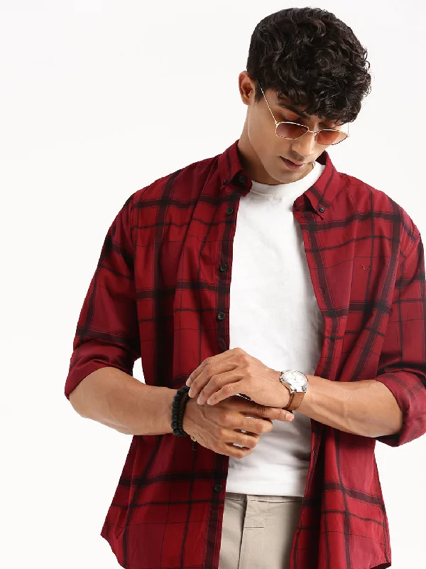 Men's Organic Cotton Casual Shirts with a Soft Handfeel for Everyday ComfortMen Maroon Spread Collar Windowpane Checks Shirt Men's Organic Cotton Casual Shirts with a Soft Handfeel for Everyday ComfortMen Maroon Spread Collar Windowpane Checks Shirt