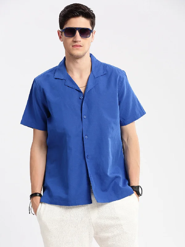 Men's Linen Blend Casual Shirts with Roll - Up Sleeves for a Summer Beach LookMen Cuban Collar Solid Blue Casual Shirt Men's Linen Blend Casual Shirts with Roll - Up Sleeves for a Summer Beach LookMen Cuban Collar Solid Blue Casual Shirt